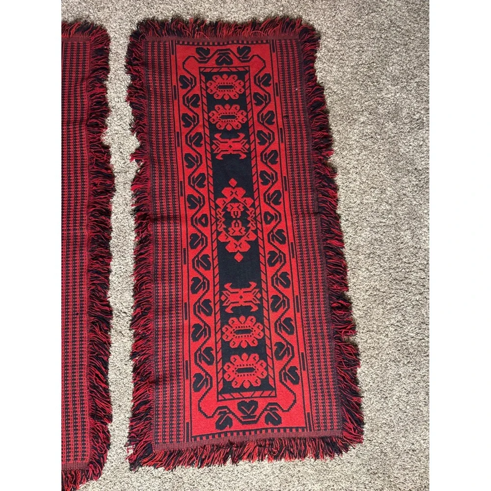 Vintage Polish Folk Wool Blanket Set Large Tapestry Throw Runner Mats Red Black